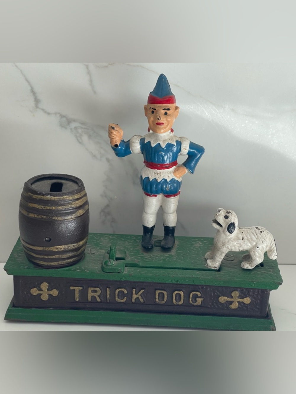 CAST IRON MECHANICAL BANK "TRICK DOG" repro/functions